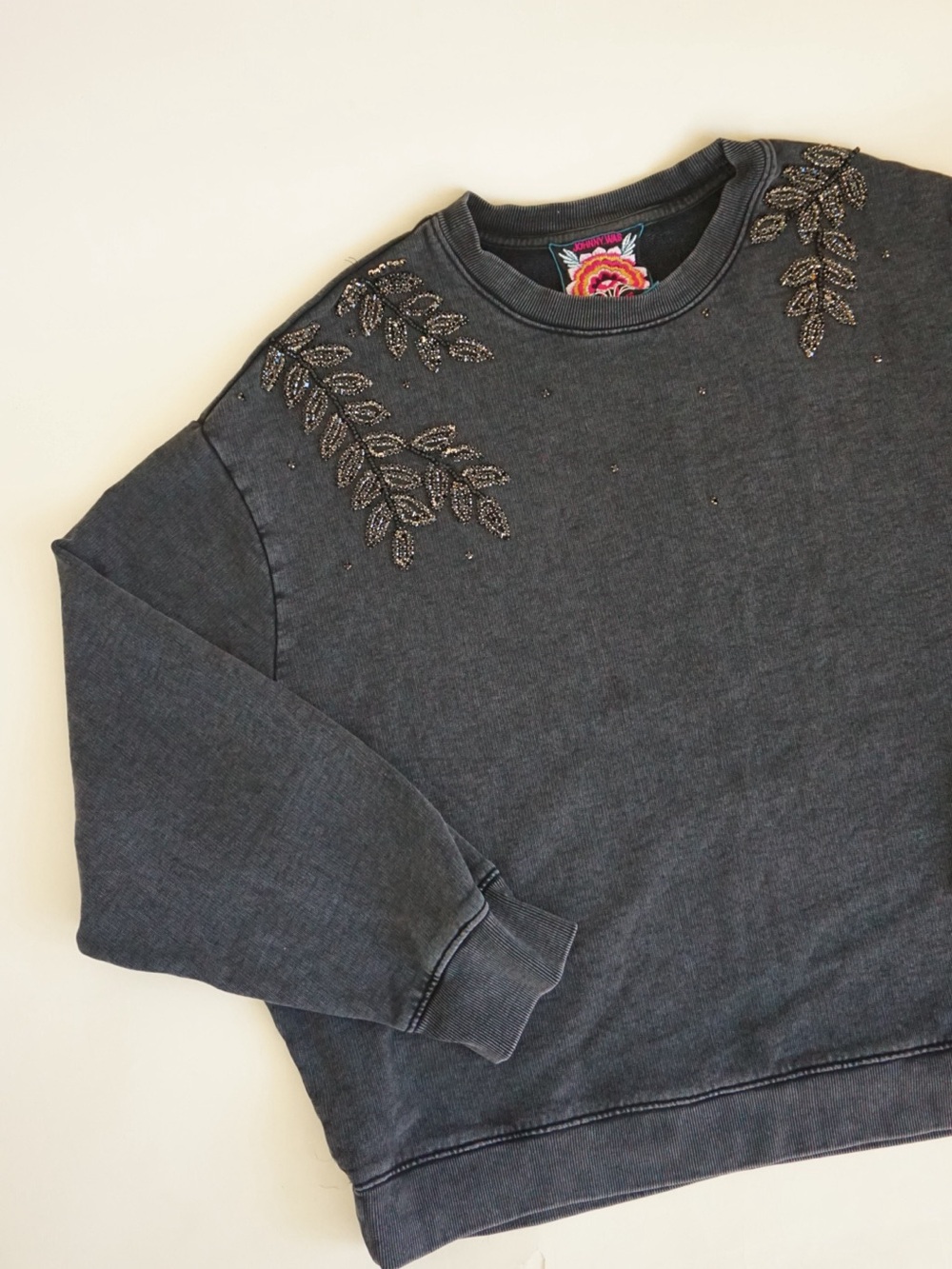 Johnny Was Rhinestone Embellished Grey Oversized Pull Over Sweater - Size XL